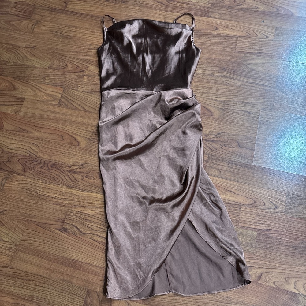 Cider Elegant Brown Satin Dress | Size XS